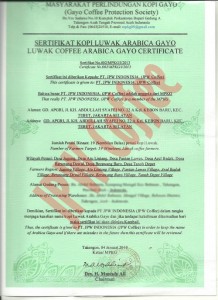 sertifikat keaslian kopi luwak